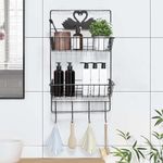 Lukzer 2 Layer Self-Adhesive Multipurpose Kitchen & Bathroom Shelf with 4 Hooks Towel Hanger Shower Caddy Accessories Holder Storage Organizer Wall Mounted Rack (Black/48 x 25 x 13 cm)