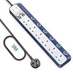 BESTEK 3m Surge Protector Extension Lead, 6 Way Individual Switch Power Strip Plug Socket with 4 USB Ports (Blue)