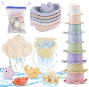 Chinloca Baby Bath Toys for 1-3 Year Olds, Kids Toddler Mold Free Floating Bath Toys, Sensory Bathtub Water Toys with Bath Boats/Stacking Cups/Squirt Toys/Storage Bag