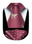 HISDERN Dinosaur Tie for Men Burgundy Ties Handkerchief Novelty Animal Pattern Wedding Necktie & Pocket Square Set