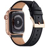 WFEAGL Leather Bands Compatible with Apple Watch Band 40mm 38mm 41mm 42mm Women, Top Grain Leather Band Replacement Strap for iWatch SE, Series 10/9/8/7/6/5/4/3/2/1(Black Band+RoseGold Adapter)