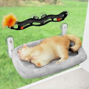 Odoland Cat Window Perch Hammock with Adsorption Tunnel Balls Toy - Large Cats Bed with Metal Frame & Suction Cups - Machine Washable Kitten Bed Front and Back Installation for Summer and Winter