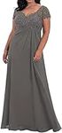 V-Neck Mother of The Bride Dresses for Wedding Plus Size Lace Applique Long Evening Party Formal Gowns, Grey, 18