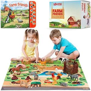 Lil-Gen Farm Animal Toys, Playmat and Education Animal Sound Book, 22pcs - 20 Small Animal Figurines, 1 Playmat, 1 Sound Book - Toy Farm Animals for Children 3+, Farm Playset for Boys/Girls