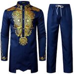 LucMatton Men's African 2 Piece Set Long Sleeve Gold Print Dashiki and Pants Outfit Traditional Suit Indigo Blue Medium