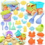 SevenQ Kids Beach Sand Toys with Mesh Bag, 27 PCS Outdoor Beach Toys Sandbox Toys, Include Dump Truck, Bucket, Water Can, Shovel Tool Kit, Dinosaur and Ocean Animal Molds