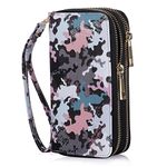 HAWEE Double Zipper Wallet for Woman Clutch Purse with Cell Phone Holder for Smart Phone/Card/Coin/Cash, Camo Pink