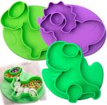 Dinosaur Silicone Compartment Plates- 3 PK T-Rex - Large Divided Sections for Easy Grabbing Baby Food Training, Non-Slip Unbreakable Material, Flexible Shapes for Toddlers, Kids - BPA Free, Food Safe