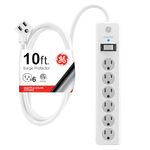 GE 6-Outlet Surge Protector, 10 Ft Extension Cord, Power Strip, 800 Joules, Flat Plug, Twist-to-Close Safety Covers, Protected Indicator Light, UL Listed, White, 14092