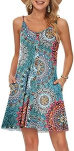 WNEEDU Abito Estivo Donna Vestito Spiaggia Cinturino Spaghetti Copricostume Abiti Casual Corto Prendisole con Scollo a V Tasche Stampa Verde XL