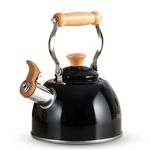 ROCKURWOK Whistling Tea Kettle, 1.6 QT / 50 OZ, Black Teapot, Universal Base for Induction | Gas | Electric | Halogen | Radiant, Wooden Handle, Vintage