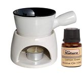 Pure Source India Ceramic Fondue Set Oil Diffuser with 10 Ml Lemon Grass and 4 Tea Candles, White