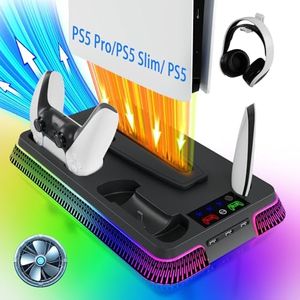 PS5/Slim/Pro Stand and Cooling Station with RGB Controller Charging Station for PlayStation 5 Console, PS5 Controller Charger, PS5 Cooling Stand, PS5/Slim/Pro Accessories Kit with 3 Level Cooler Fan