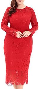 Eternatastic Women's Floral Lace Long Sleeve Plus Size Dress for Christmas Dress Red 6XL