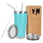 Y·J&H 30oz (850ml) Travel Tumbler Double Wall Vacuum Insulated Coffee Mug Stainless Steel Coffee Cup with 2 Splash Proof Lid, 2 Straws & Free Cleaning Brush, BPA Free - Turquoise