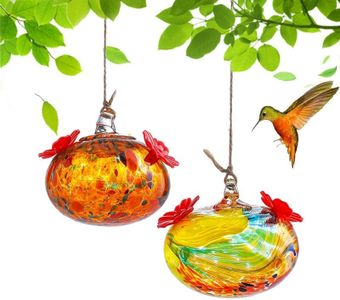 Set 2 Hummingbird Feeders for Outdoors Haning Small Blown Glass Humming Bird Feeder for Window Humming Bird Feeders with 2 Flower Feeding Ports