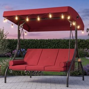 Aoxun Outdoor Porch Swing with Stand and Canopy, 3 Seats Outdoor Swings for Adults, Convertible 2 in 1 Swing Bed with Cup Holder, Patio Swings with String Lights for Garden, Yard & Balcony, Wine