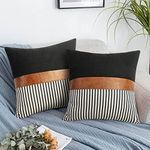 cygnus 22x22 inches Pillow Covers Set of 2 Farmhouse Decor Stripe Patchwork Linen Throw Pillow Covers Modern Faux Leather Covers for Couch Sofa,Black