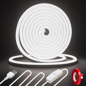 5m White USB LED Neon Strip Lights，Cozylady Waterproof 6000K LED Rope Light 120LED/M, 1M USB Cable with Switch, Flexible Silicone Neon Strips for Mirror Wardrobe Kitchen DIY Home
