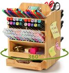 SOUJOY Bamboo Pen Holder Organizer, 360°Rotating Art Supply Storage Caddy, Hold 400+ Pencils, 15 compartments Office Desk Stand Box with Handle for Marker Pens, Colored Pencil, Art Brushes