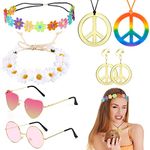 VEGCOO 7PCS Hippie Costume Set, Peace Sign Necklace&Earrings, 70s 80s Hippies Necklaces Earrings Glasses Flower Crown (Glod)