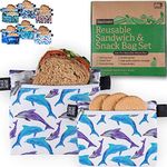 SnackJacket Reusable Sandwich & Snack Bags - Set of 2 Food Storage Bags - Double Layered, Waterproof and Eco Friendly Lunch Bags - Alternative to Plastic or Paper Bags & Cling Film (Dolphins Pattern)…