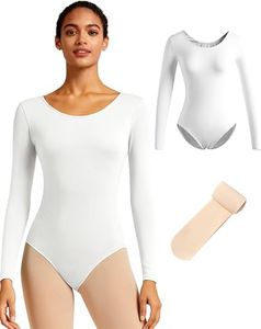 Vavewee Women White Ballet Leotard with Tights for Dance Adult S-XXL Long Sleeve Dancewear(LW4028-07-XXL)