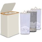 efluky Laundry Hamper with Lid, Trio Laundry Hamper with 3 Removable Bags, 3 Section Laundry Basket with Bamboo Handles for Bathroom, Bedroom & Laundry Room, 160L Beige