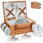 HappyPicnic Wicker Picnic Basket Set for 4 Persons | Large Willow Hamper with Large Insulated Cooler Compartment, Free Waterproof Blanket and Cutlery Service Kit-Classical Brown