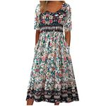 AMhomely Beach Dress Women UK Casual Sexy Round Neck Printing Summer Short Sleeve Pockets Dress Ladies Dress Party Elegant Beach Dress Club Cocktail Evening Gowns Skater Dress Dance Dress，A1 Blue，XXL