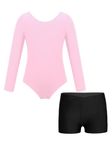 iEFiEL Kids Girls Gymnastics Dance Outfits Long Sleeve Dance Leotard with Athletic Shorts Set Gymnastics Outfit Bodysuit Pink&Black 7-8 Years