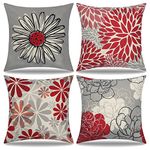 Betylifoy Decorative Pillow Covers 18x18 Inch Set of 4 Red and Grey Modern Throw Pillow Covers Farmhouse Linen Throw Pillowcases for Spring Bed Couch Sofa Outdoor Garden (Red)