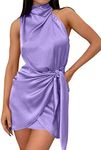 ZESICA Women's Fashion Satin Sleeveless Halter Neck Tie Waist Wrap Bodycon Cocktail Party Mini Dress,Purple,X-Large