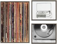 Kate and Laurel Sylvie Records 33RPM, Victrola Record Player and Vinyl Vibes Framed Canvas Wall Art Set by Various Artists, Set of 3, two 16x20 and one 23x33 Gray Frames, Bohemian Vinyl Record Art for Wall