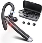 EUQQ Bluetooth Headset - Wireless Bluetooth Earpiece with Charging Case,120H Playback, Dualable Hands-Free Headphones with Built-in Mic for Work Trucker Office Meeting, Black