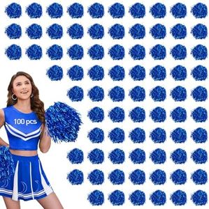100pcs Pom Poms Cheerleading Blue Metallic Cheerleader Pom Poms with Baton Handle Cheer Pom Poms for Kids Adults Cheering Spirit Sports Party Dance Sportsteam