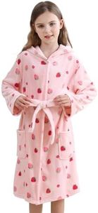 V.&GRIN Girls Robe, Kids Fleece Hooded Soft Plush Fuzzy Bathrobe for 3-14 Years（Light Pink Strawberry 13-14）