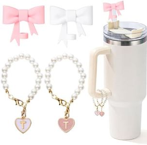 LUHOHI Pink Bow Stanley Straw Topper, 2pcs Pearl Chain for Stanley Cup Accessories Initial Letter Charms Handle with 2pcs Straw covers for Water Bottle Jewelry Tumbler Personalized Decorations Tag T