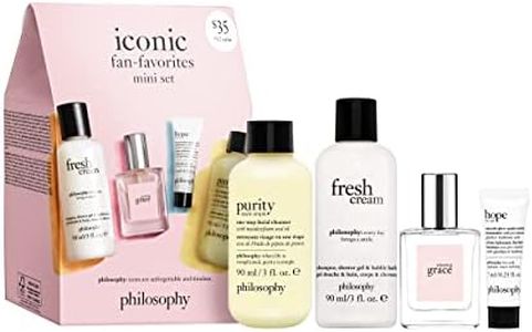 philosophy iconic fan-favorites mini set: purity made simple face cleanser 90ml + fresh cream shower gel 90ml + amazing grace EDT 15ml + hope in jar day moiturizing 7ml