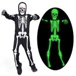 Sincere Party Glow In the Dark Skeleton White Bones Skeleton Costume with Gloves&Hood for Kids 7-9years