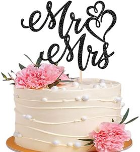 ZHUOWEISM 1 PCS Mr and Mrs Cake Topper Glitter Wedding Engagement Cake Decoration Bride and Groom Sign Cake Pick for Anniversary Bridal Shower Engagement Party Cake Decorations Supplies Black