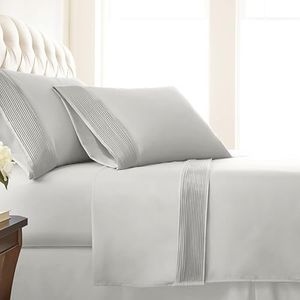 Southshore Fine Living, Inc. Pleated, Split King Sheets with Decorative Hem, 5-Piece, 21-Inch Extra Deep Pocket Split King Sheets for Adjustable Bed, Embroidered Detail, Fade Resistant, Light Grey