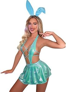 FYMNSI Women's Shiny Rave Outfits Holographic Metallic Halter Bodysuit Top Mini Skirt Bunny Ear Headband PU Leather Swimsuits Sexy Bodysuit Lingerie Set Halloween Musical Festival Costume Lake Blue L