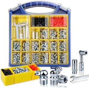 OURU Grease Fittings Assortment Kit with DlY Tool Storage Box Organizer, 450PCS SAE & Metric Grease Zerk (Straight/45°/90°) with Standard & 90° Couplers, Dust Caps & 7-11mm Wrench Set for Grease Gun
