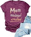 FLOYU Women Magical Mom Shirt Manager of Mischief Tops Halloween T-Shirt Funny Wizard Mom Short Sleeve Shirt, Purple, Small