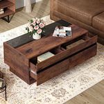 WAMPAT Modern Coffee Table with Tempered Glass Top, Wood Center Table with Large Drawer and Open Storage Shelf for Living Room, 43.2", Brown