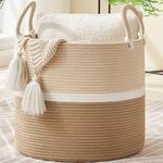 KAKAMAY Large Blanket Basket (18"x18"x16"),Woven Baby Laundry Hamper for Storage, Cotton Rope Blankets Baskets for Nursery, Laundry, Living Room, Pillows, Baby Toy chest with Handles (Light Brown)