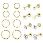 Dochais 8 Pair Gold Silver Hoop Earrings, 14K Gold Plated Cubic Zirconia Round Stud Earrings, Hypoallergenic Cartilage Sleeper Huggie Hoop Earrings, Cz Studs For Men Women (8 pairs, gold)