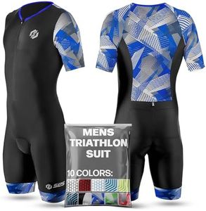 SLS3 Triathlon Suits Mens - Aero Full Sleeve Tri Suit Men Triathlon - Premium FX Trisuit Triathlon Men - Lightweight Mens Triathlon Suit, 2 Pockets (Black/Blue Geo, Large)