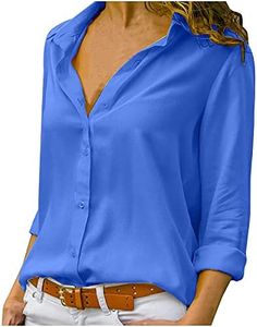 Generic Blouses for Women Dressy Casual,Long Sleeve Casual Plus Size Solid Button Chiffon Shirt Lightweight Trendy T-Shirt 2024 Top Fashion Work Blouse Tees Blue M